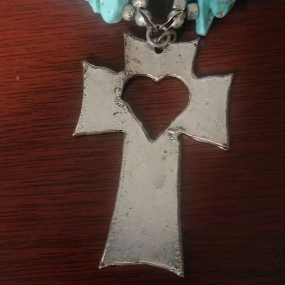 Southwestern Navajo Turquoise Double Strand Necklace Pewter Ankh Pendant Heart - Picture 3 of 12